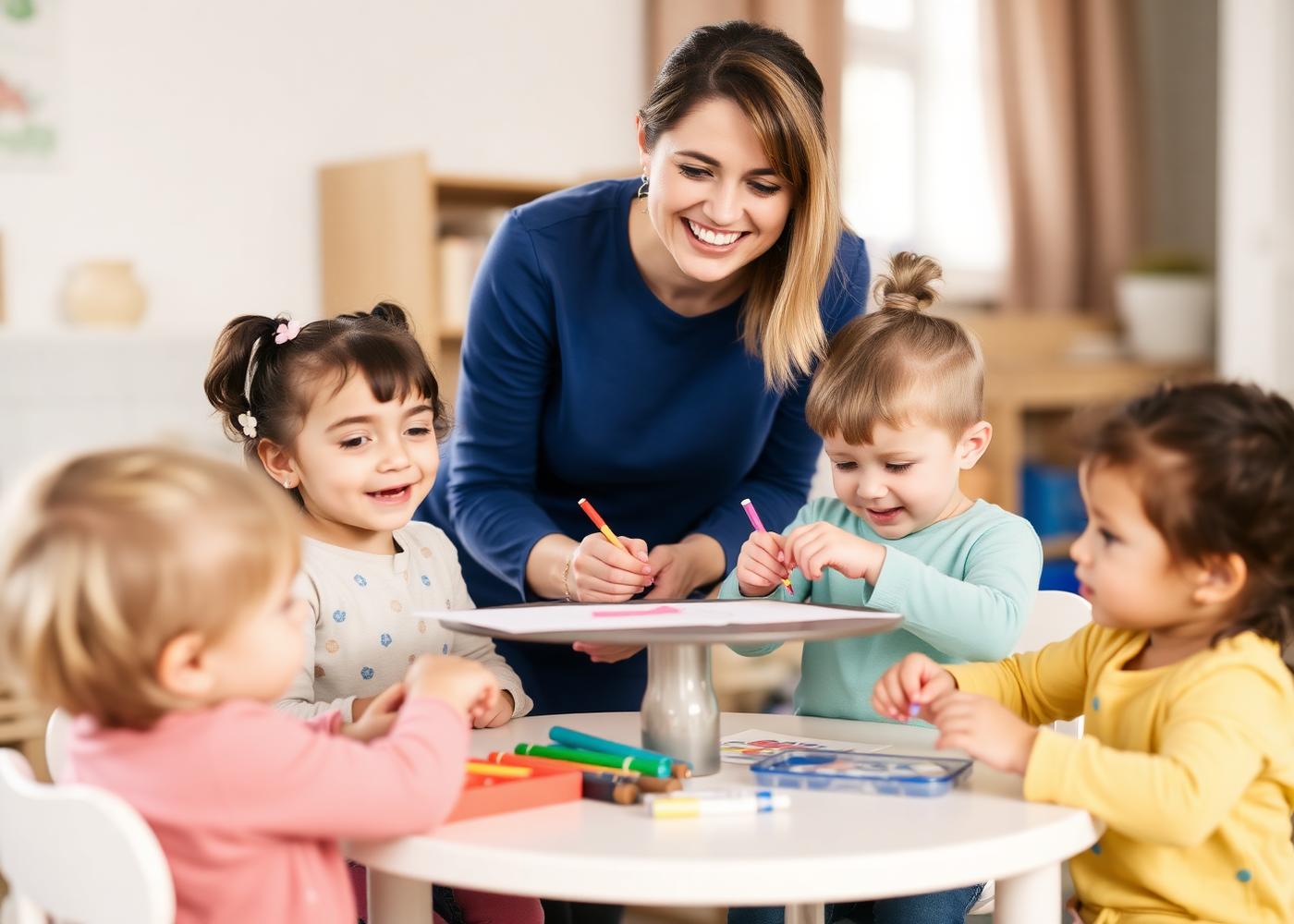Nursery teacher with children at a craft table
