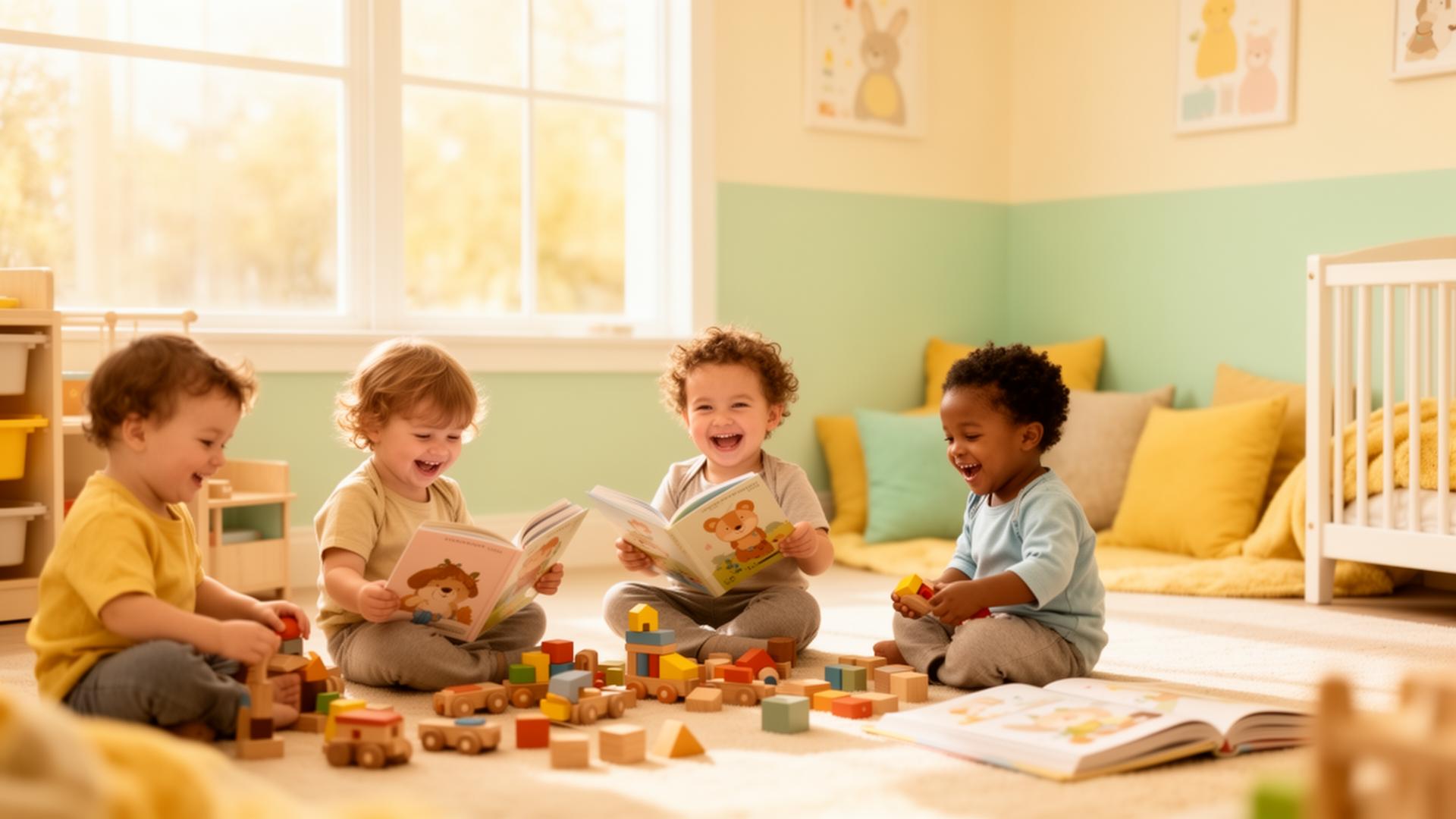 Happy children reading and playing with wooden toys at Bookworms Daycare